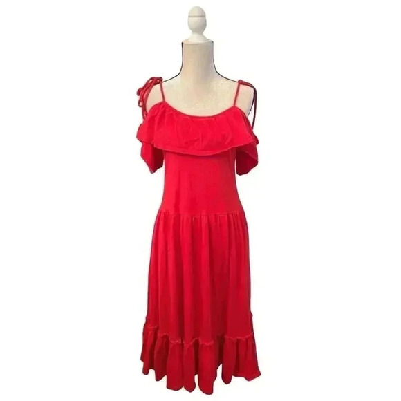 Rebecca Minkoff Red Cold Shoulder Ruffle Midi Dress Size Small - Picture 4 of 10
